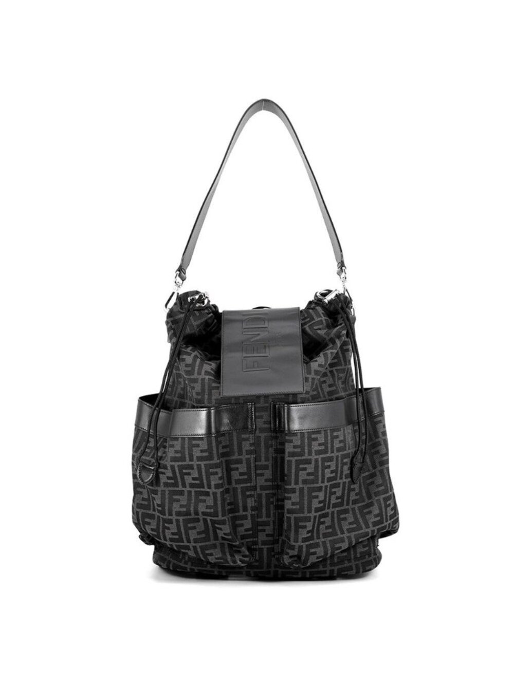 Fendi Backpack Drawstring FF Jacquard Leather Black